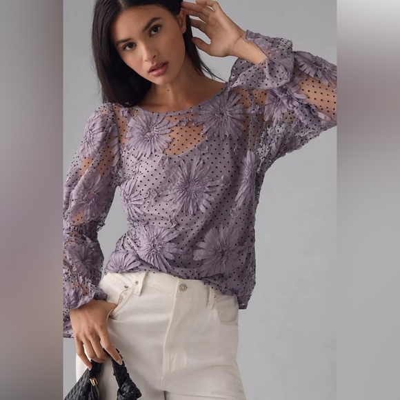 Anthropologie X Eva Franco Lace Polka-dot Floral Sheer Lavender Blouse Top SZ S - Picture 4 of 7